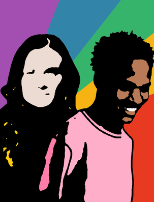 Zwei schemenhafte Personen vor regenbogenfarbenem Hintergrund. Die linke Person ist weiblich und hat eine helle Hautfarbe. Die rechte Person ist schwarz und männlich.